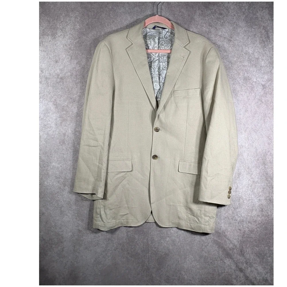 Alan Flusser Linen Suit Mens Medium 36x30 Tan 2 Piece Blazer Pants Beach Wedding